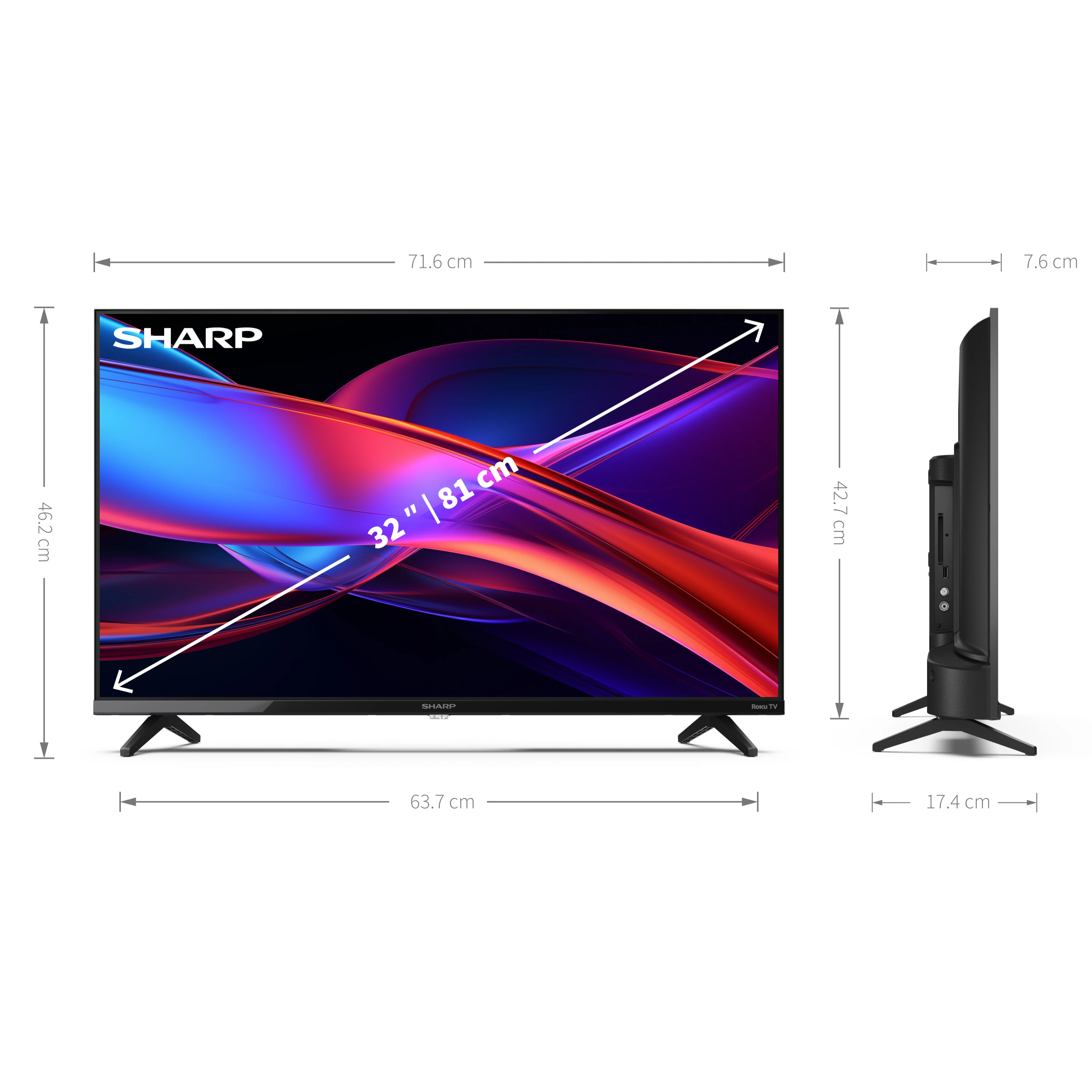 Ein 32-Zoll-SHARP-Fernseher mit angezeigten Abmessungen, der einen farbenfrohen abstrakten Bildschirm zeigt.