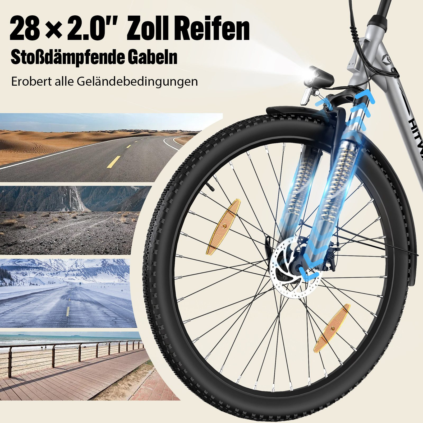 Nahaufnahme eines Fahrradreifens mit Textüberlagerung und Bildern verschiedener Terrains.