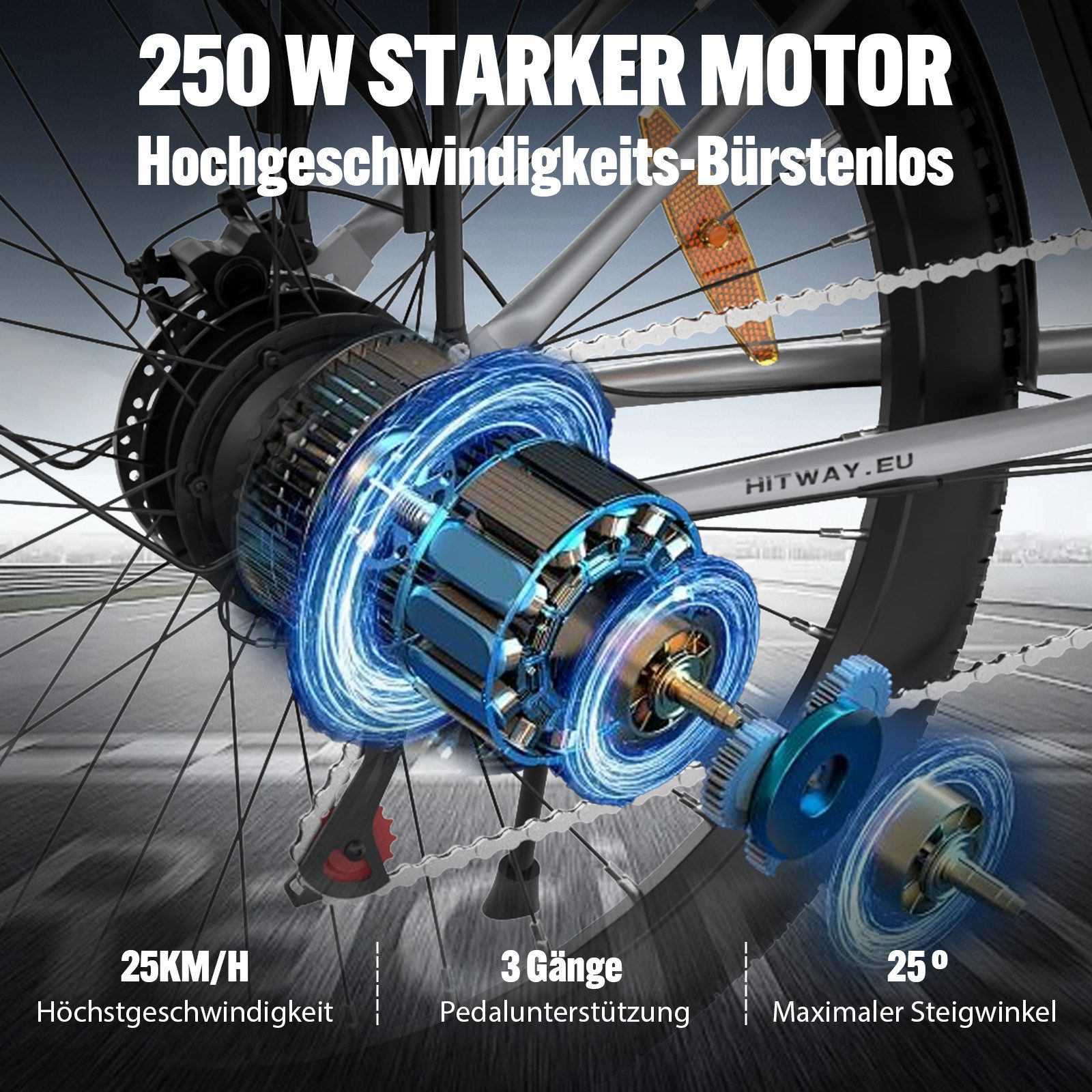 Ein Elektromotor für Fahrräder mit Gängen, der eine Höchstgeschwindigkeit von 25 km/h, 3 Gänge und 25 Grad Steigungswinkel zeigt.
