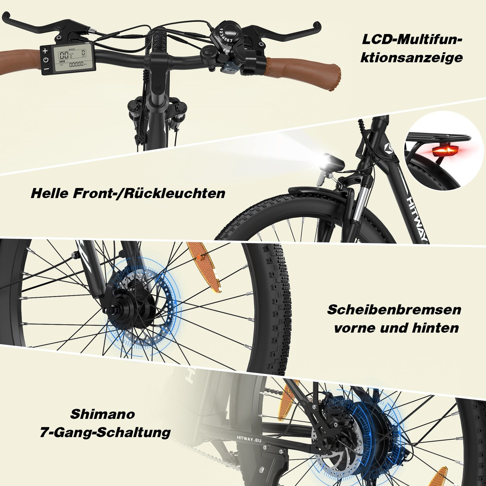 Schwarzes und graues Elektrofahrrad mit hervorgehobenen Komponenten und Textbeschriftungen.