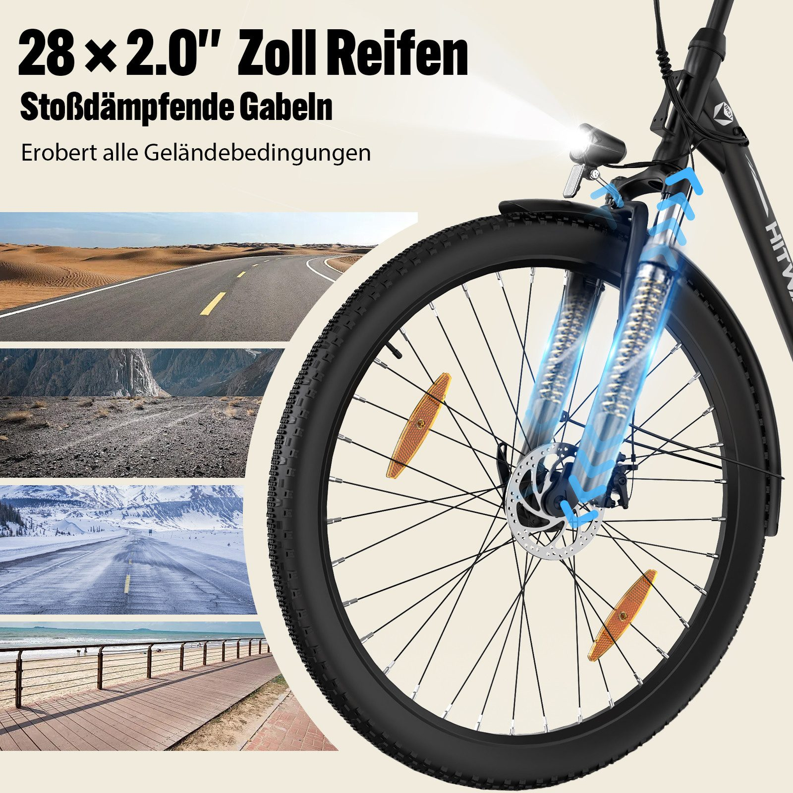 Ein Fahrradreifen. Bilder von Straßen und Gelände umgeben das Rad. Text sagt 28x2,0" Reifen.