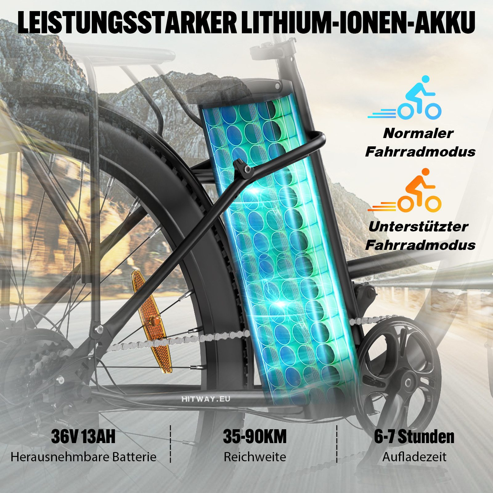 Das Batteriesystem eines Elektrofahrrads mit Batterieinformationen und Fahrmodi.