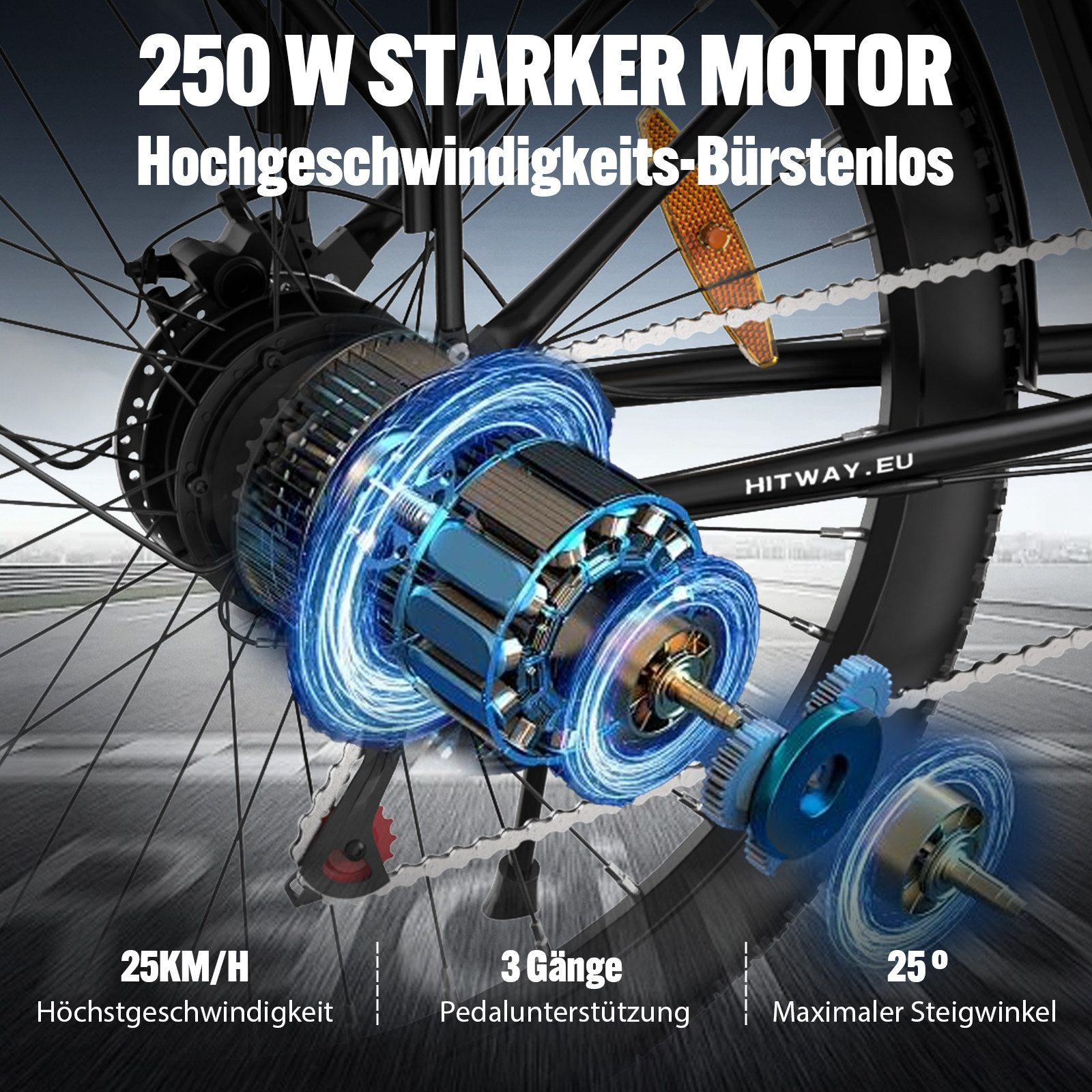 Nahaufnahme eines Fahrradrads mit Motor und Getriebe. Details umfassen Motor, Getriebe und Kette.