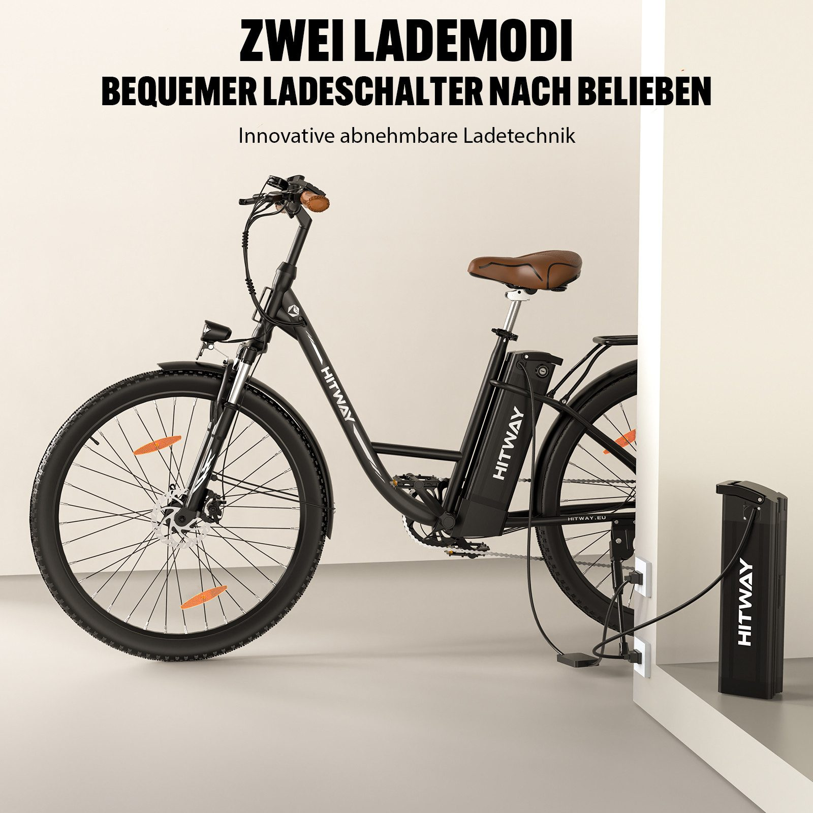Schwarzes E-Bike mit eingestecktem Ladegerät. Text: Zwei Lademodi. Hintergrund: weiße Wand.