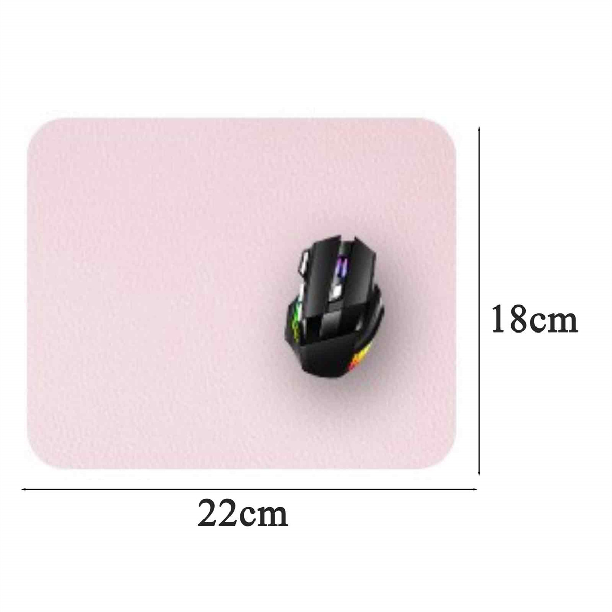 Eine schwarze Gaming-Maus liegt auf einem pinkfarbenen Mauspads. Das Mauspad ist 22 cm x 18 cm groß.