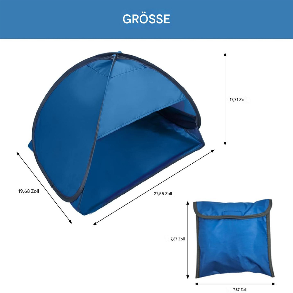 Faltbarer blauer Sonnenschutz mit Maßen und gefalteter Tasche.
