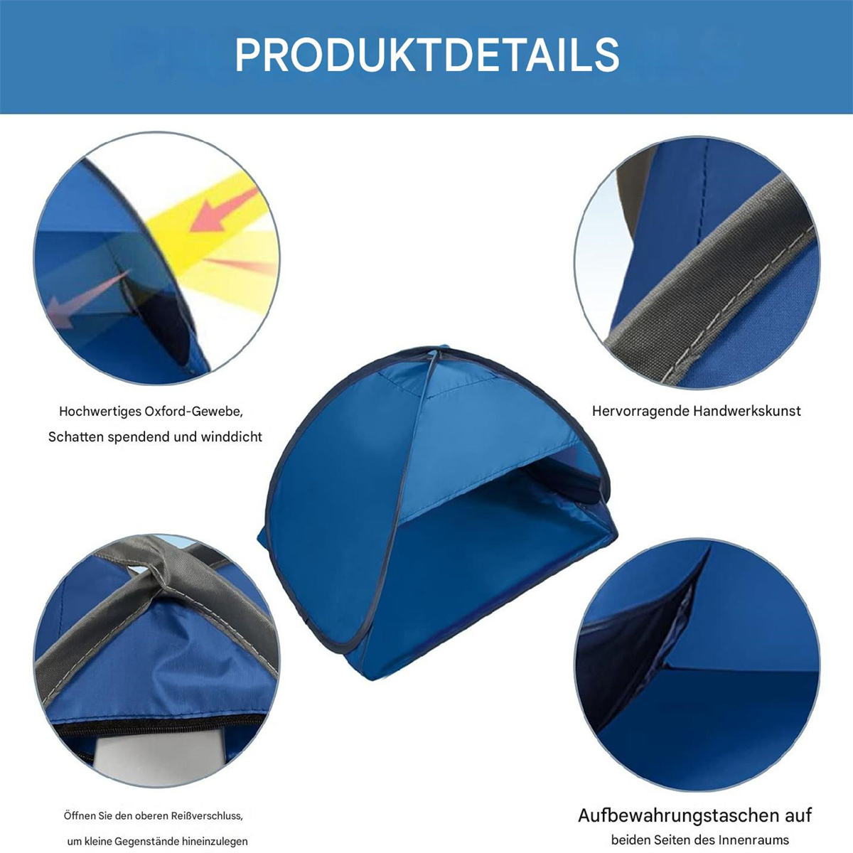 Blaues Pop-up-Zelt mit Nahaufnahmen. Text: Produktdetails.