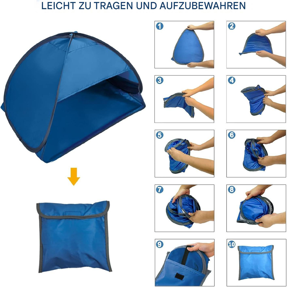 Blaues Pop-up-Zelt und eine blaue Tragetasche. Schritte zeigen das Falten des Zeltes.