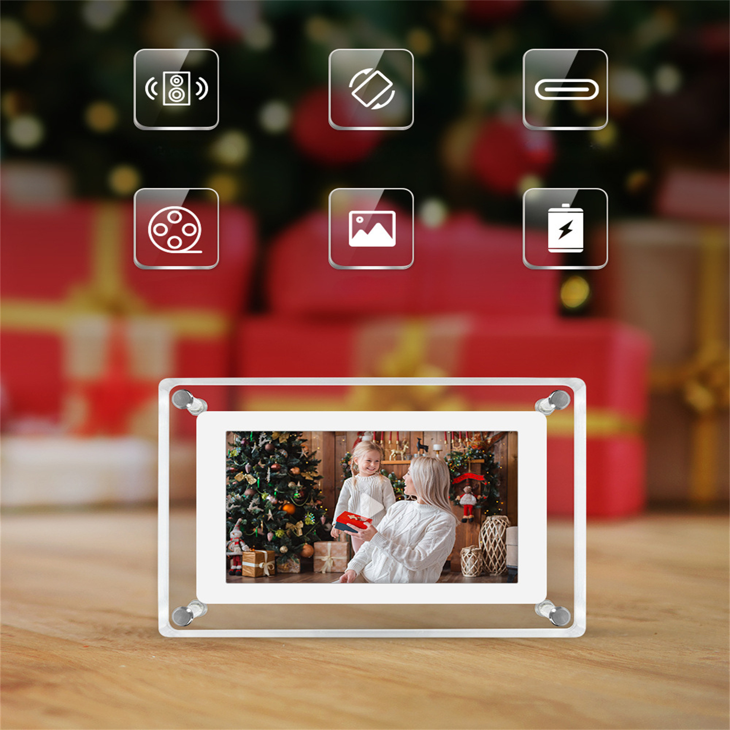 Digitaler Fotorahmen mit Foto einer Frau und eines Mädchens. Symbole über dem Rahmen. Holztisch.