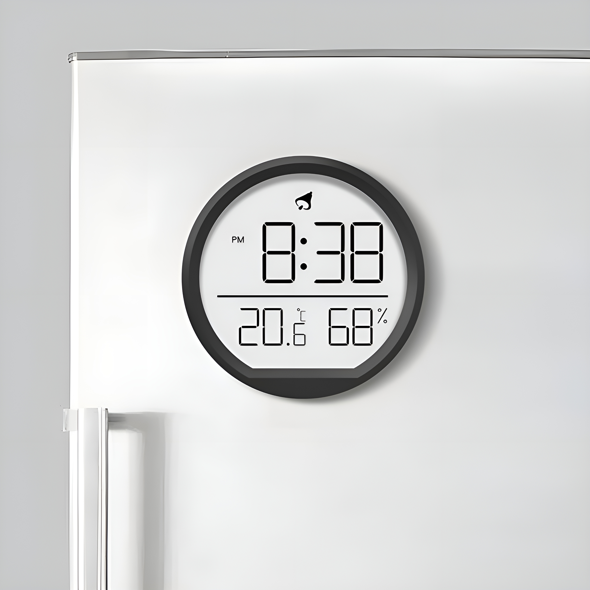 Runde schwarze Uhr auf weißer Kühlschranktür, zeigt 20:38 Uhr, 20,6°C und 68% an.