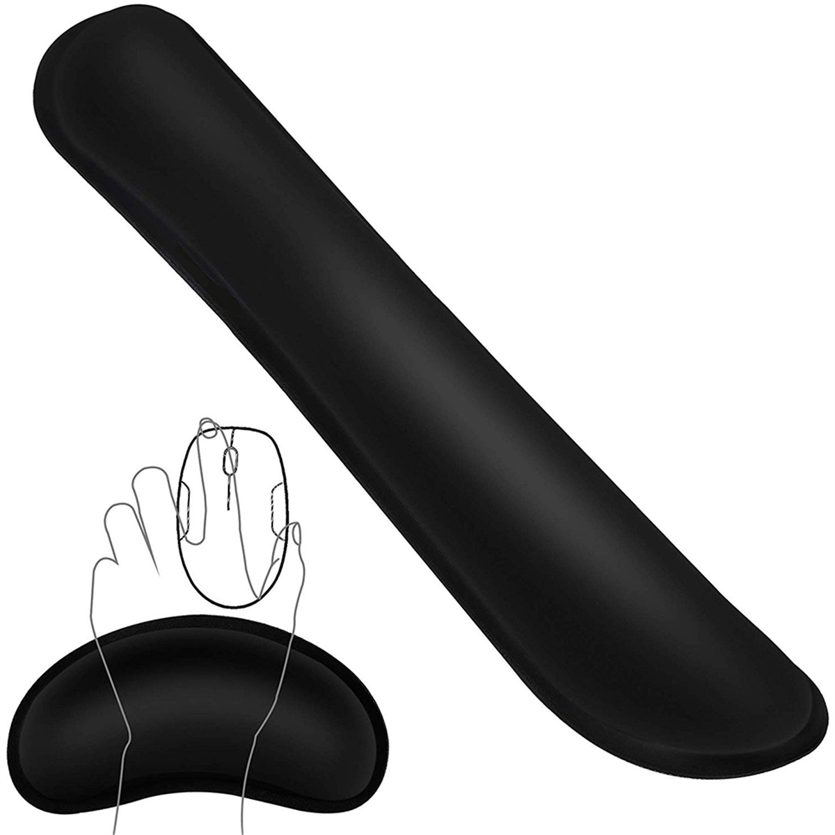 Schwarze Handgelenkauflage mit Maus- und Handgrafik. Weißer Hintergrund.