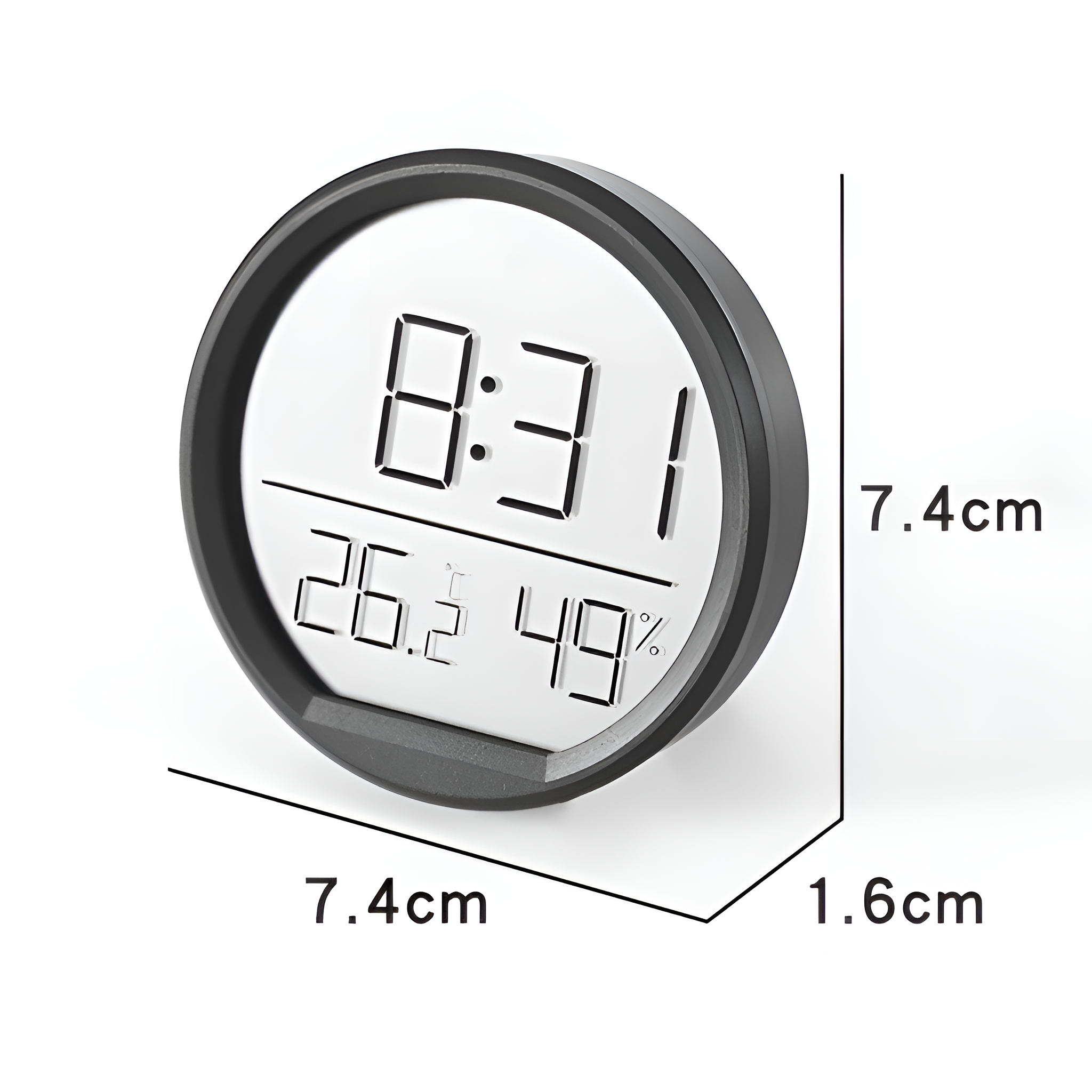 Runde Digitaluhr mit Zeit- und Temperaturanzeige. Weißer Hintergrund.