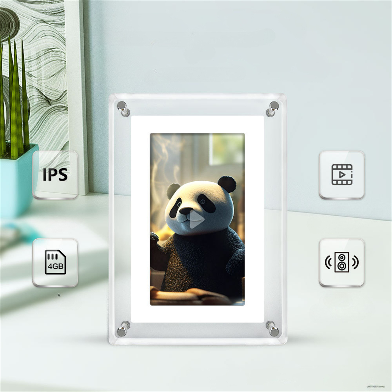 Digitaler Bilderrahmen mit Panda-Bild, umgeben von Symbolen. Grüne Pflanze in der Ecke.