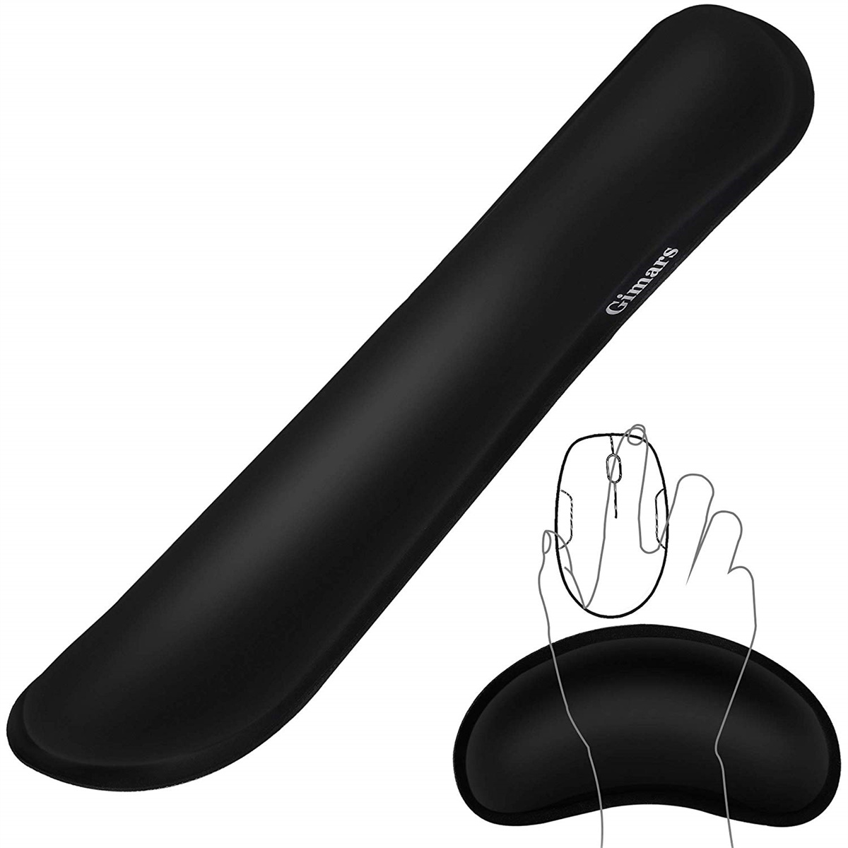 Eine schwarze Handballenauflage für eine Tastatur mit einer Abbildung, die Hand- und Mausposition zeigt.