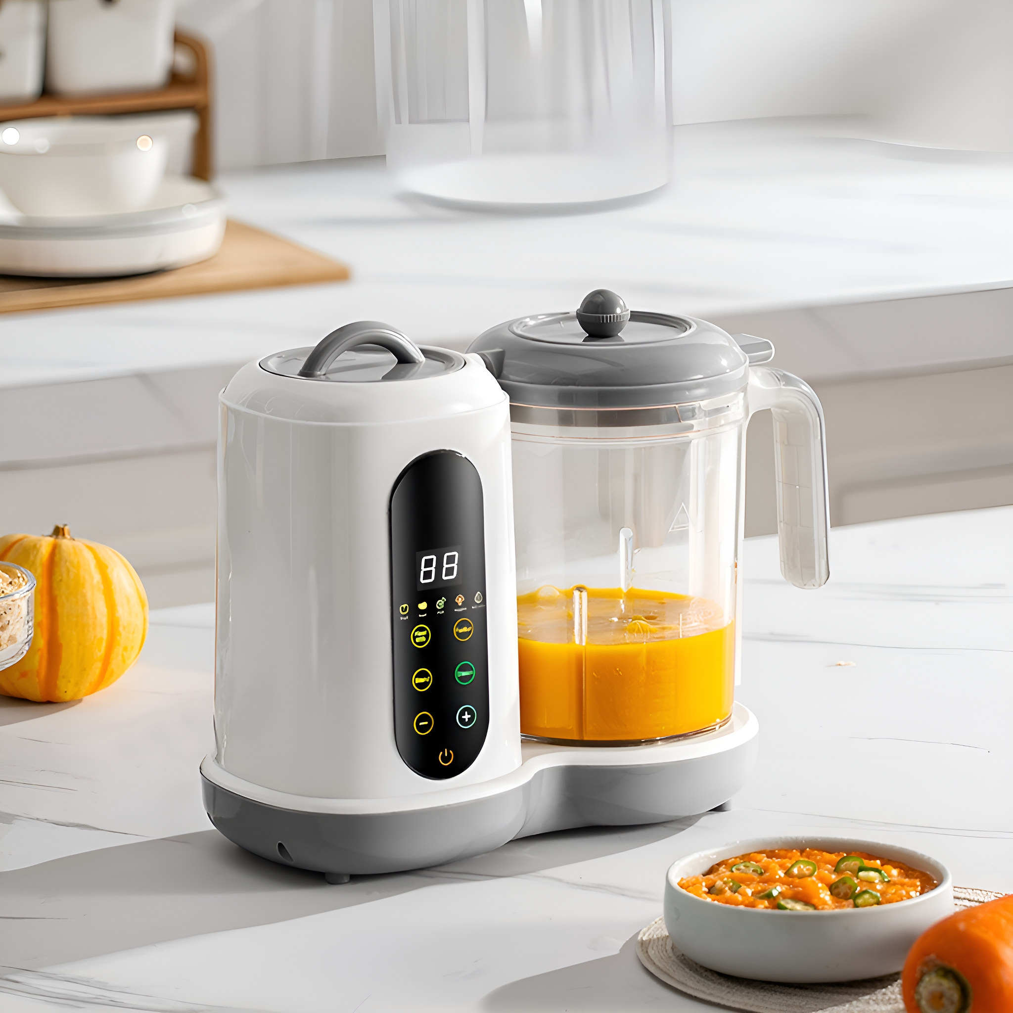 Ein weiß-grauer Food-Processor, der Kürbispüree mixt. Eine Schüssel mit Babynahrung und ein Kürbis sind zu sehen.