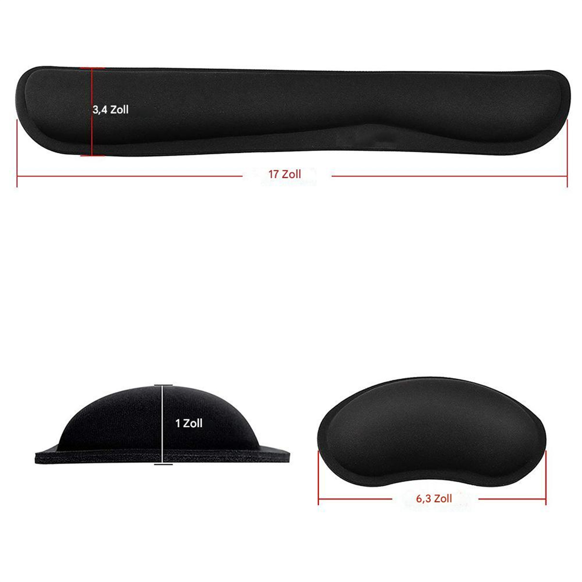 Schwarzes ergonomisches Mauspads mit Abmessungen und Maßen in Zoll.