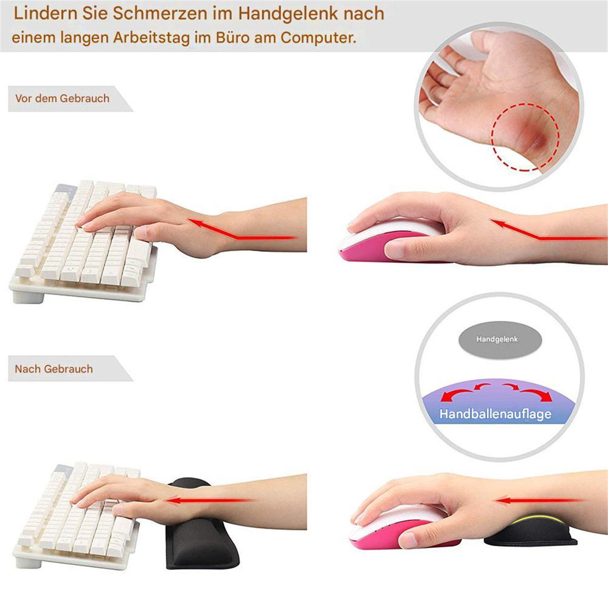 Diagramm, das Handpositionen bei der Verwendung von Tastatur und Maus zeigt, vor und nach der Verwendung einer Handgelenkstütze.