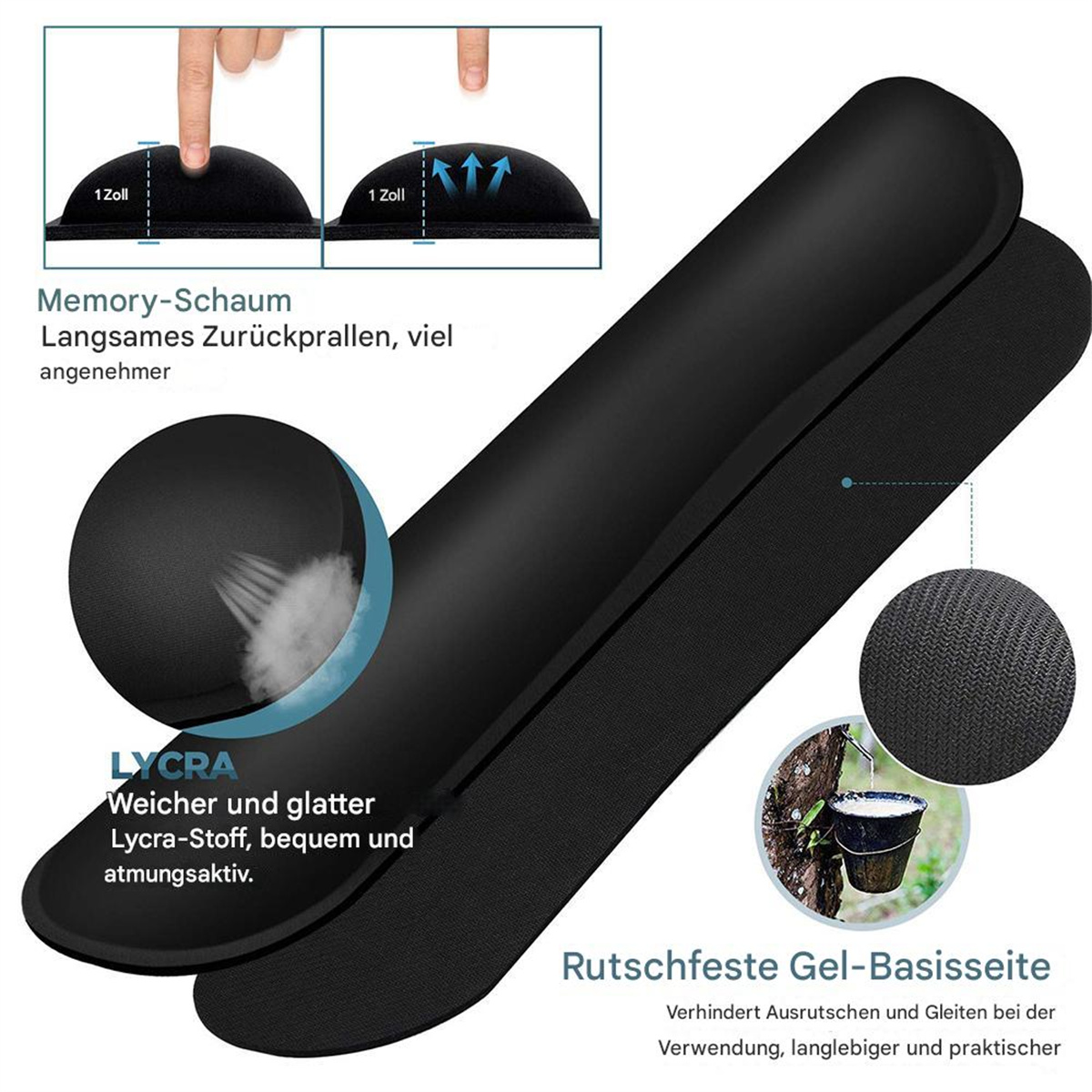 Schwarze Handgelenkauflage für die Tastatur. Verfügt über Memory-Schaum, Lycra und eine rutschfeste Gelbasis.