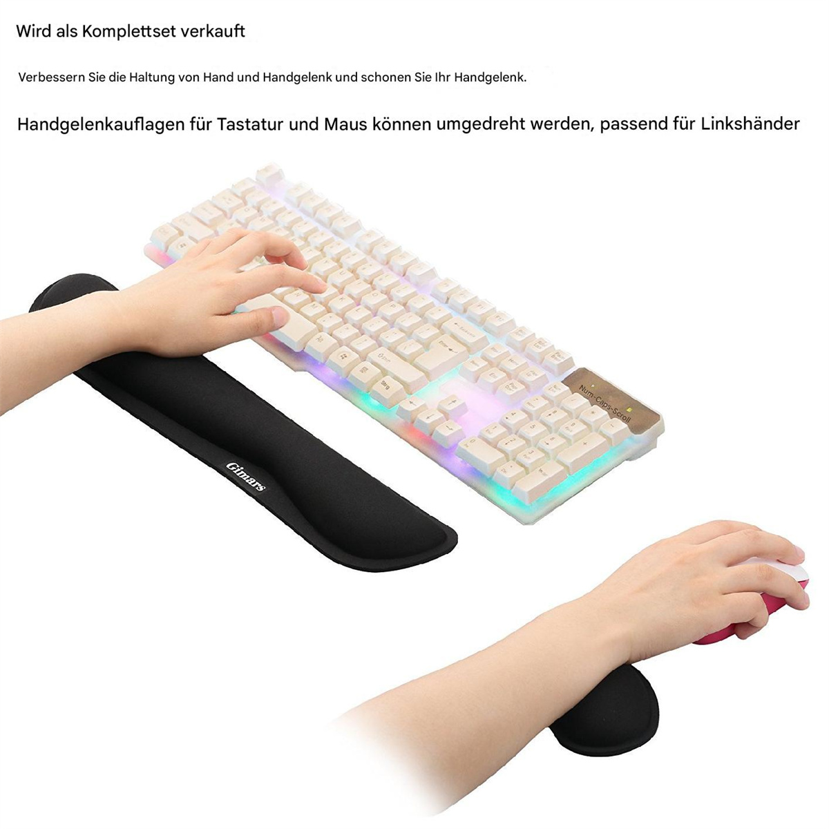 Person benutzt Tastatur und Maus mit Handgelenkstützen, fördert ergonomische Unterstützung.