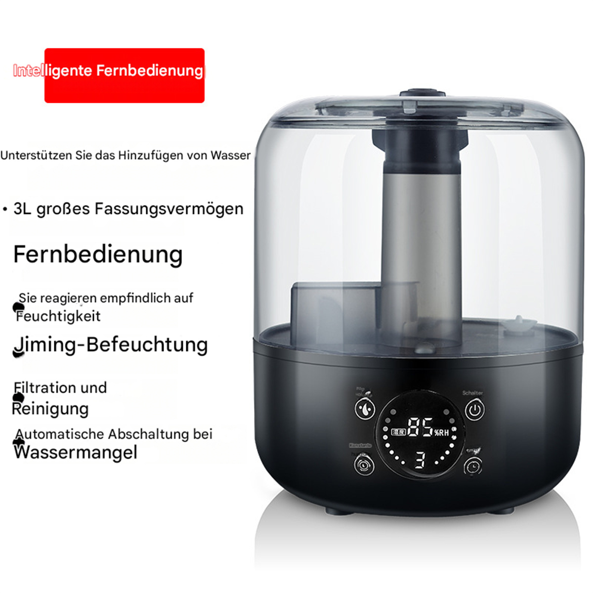 Ein schwarzer Luftbefeuchter mit transparentem Deckel. Details zu Wasserstand, Filterung und Fernbedienung werden gezeigt. Text auf Deutsch.