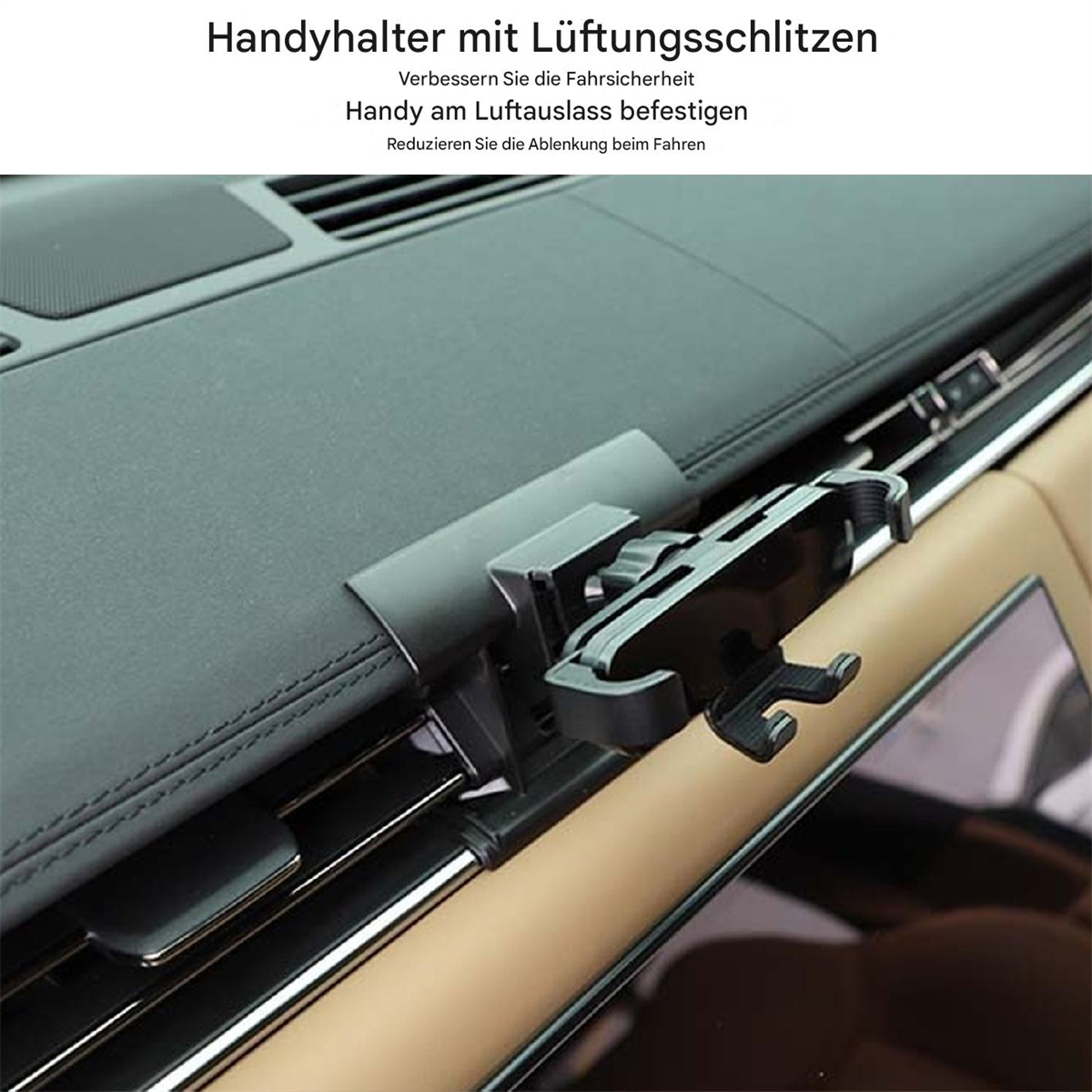 Ein Telefonhalter an der Lüftung eines Armaturenbretts, mit deutschem Text zur Förderung der Fahrsicherheit.