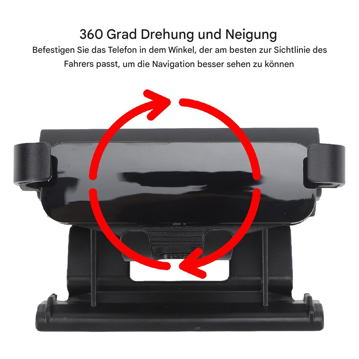 Eine schwarze Autotelefonhalterung mit Pfeilen, die eine 360-Grad-Drehung anzeigen. Die Halterung ist an einer schwarzen Basis befestigt.