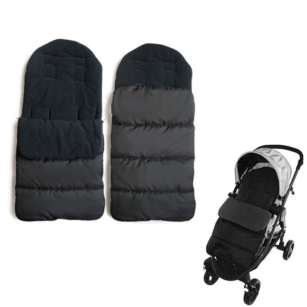 Zwei schwarze Babyschlafsäcke und ein schwarzer Kinderwagen. Weißer Hintergrund.