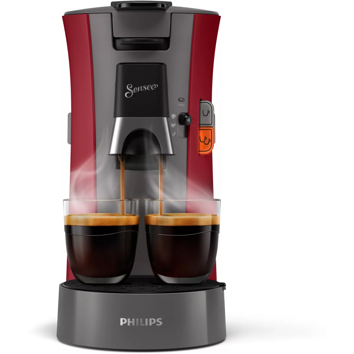 Rote und graue Senseo Kaffeemaschine, die Kaffee in zwei klare Gläser auf weißem Hintergrund brüht.