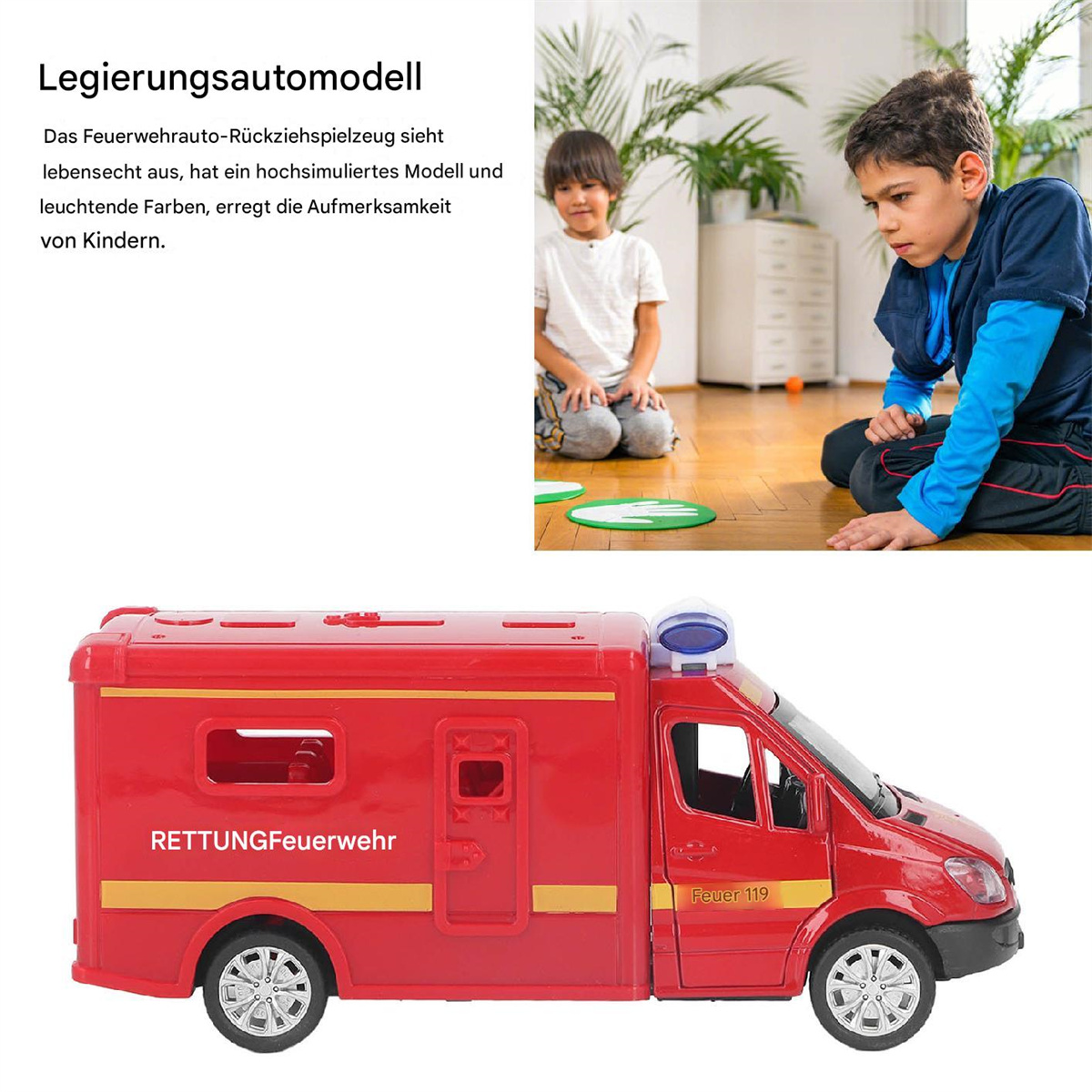 Spielzeug-Feuerwehrwagen mit Kindern. Text auf Deutsch.