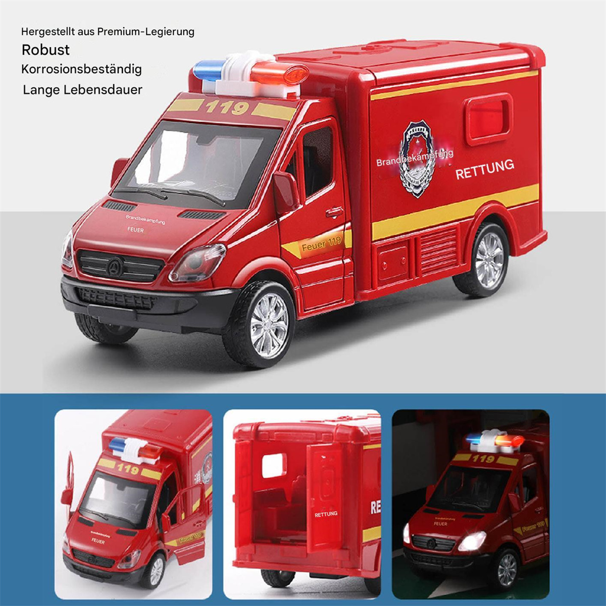 Roter Spielzeug-Krankenwagen mit Details, darunter '119' und 'RETTUNG' Beschriftungen, und kleinere Inset-Bilder.