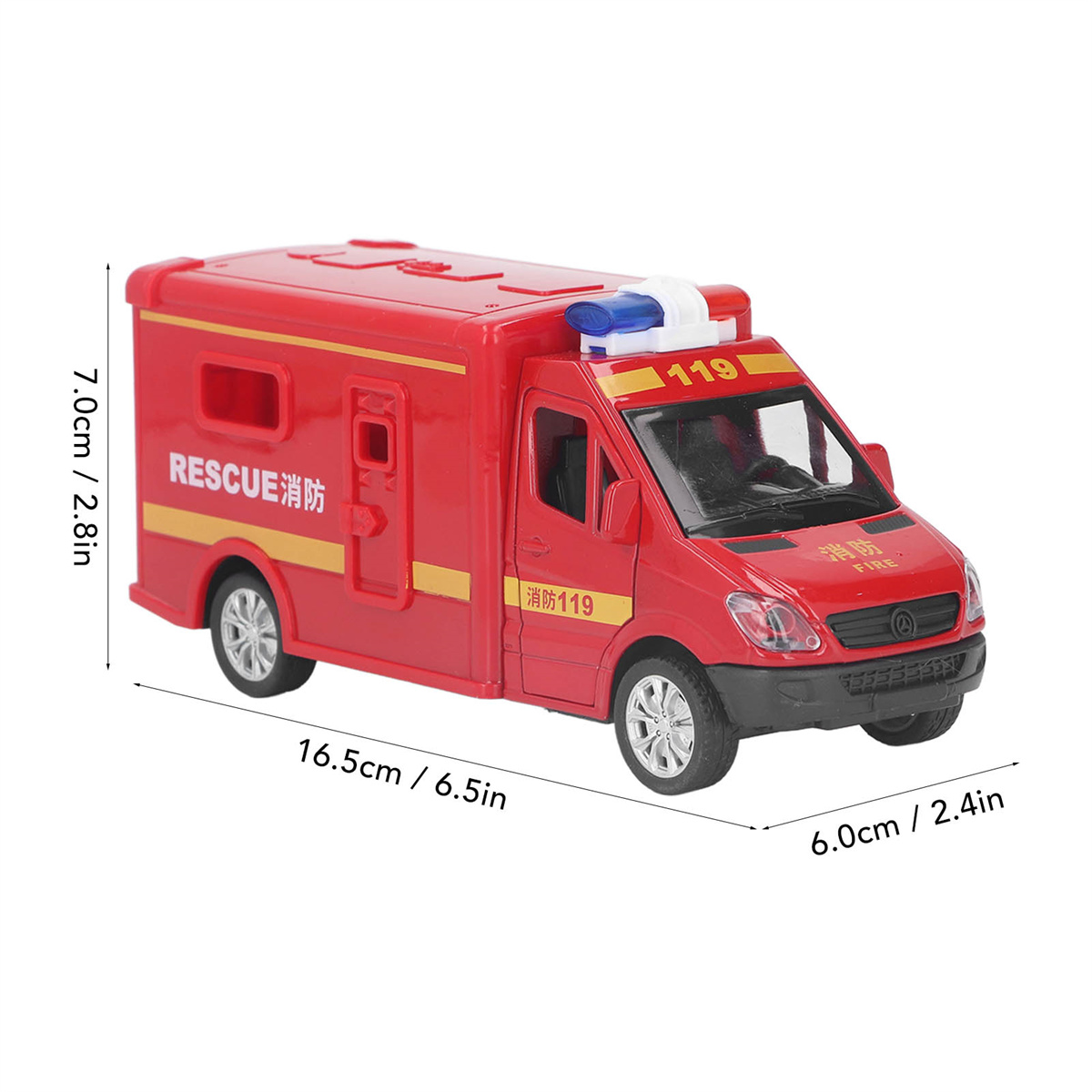 Roter Spielzeug-Feuerwehrwagen mit Abmessungen. Merkmale umfassen Rettungsgrafiken und Blinklichter.