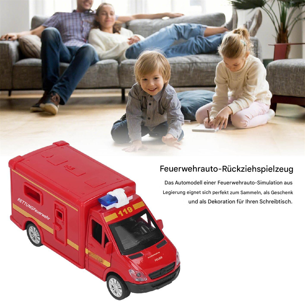 Ein rotes Spielzeug-Feuerwehrauto mit einer Familie im Hintergrund.