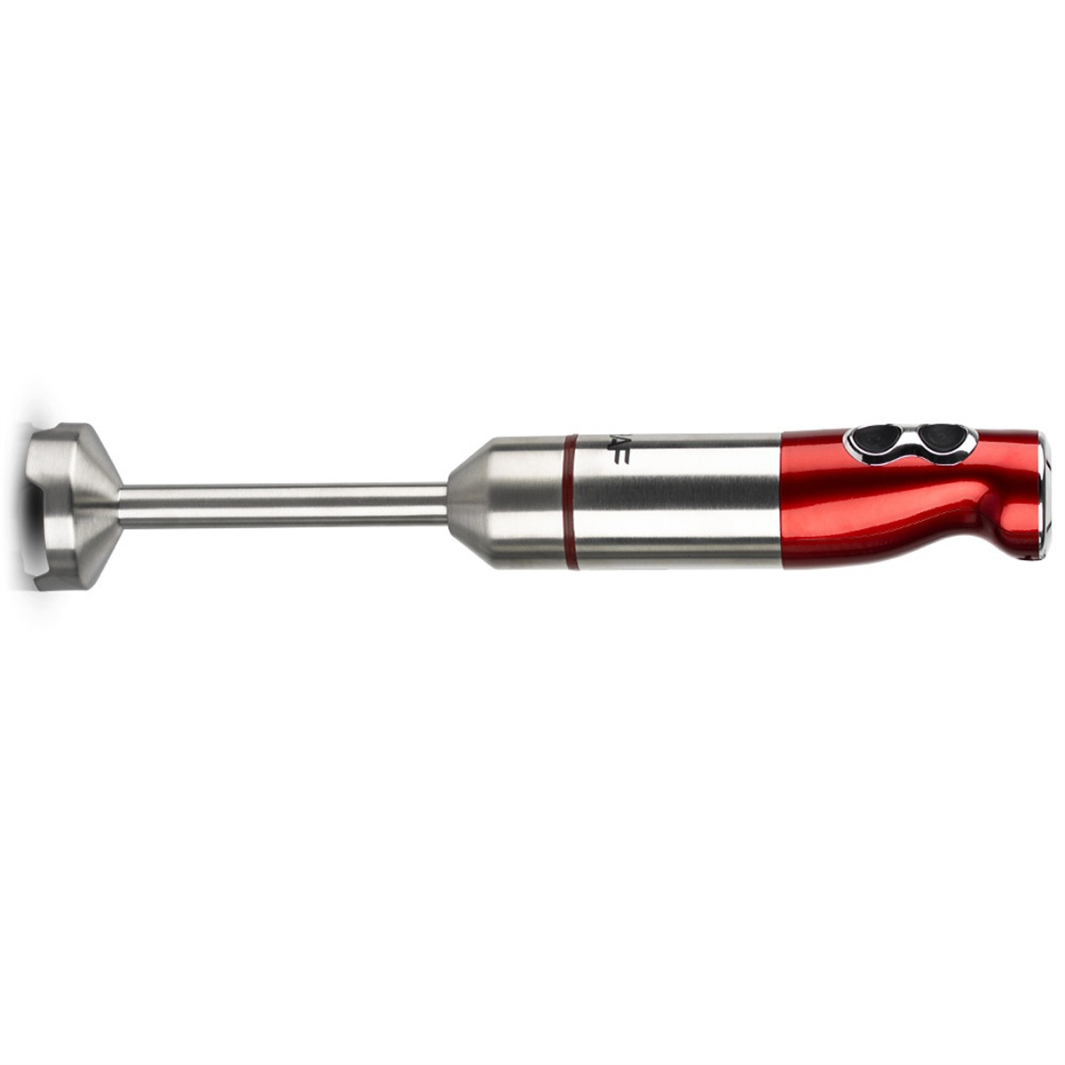 Ein roter und silberner Handmixer mit Mixkopf und Knöpfen vor weißem Hintergrund.