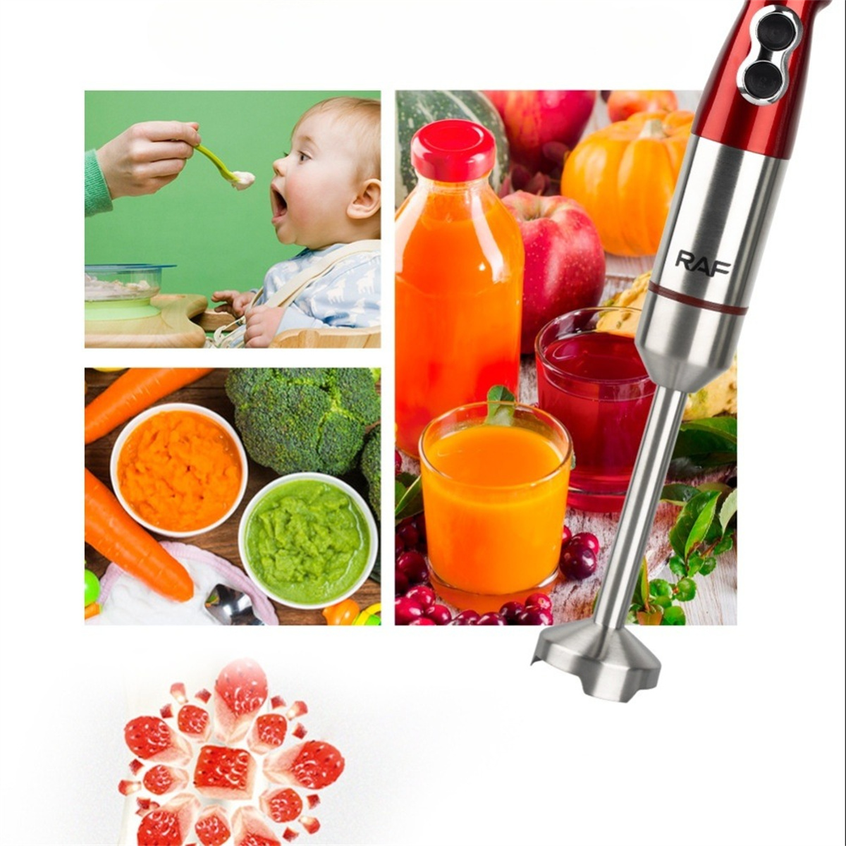 Ein Baby, das gefüttert wird, Babynahrungspürees und ein roter und silberner Stabmixer.