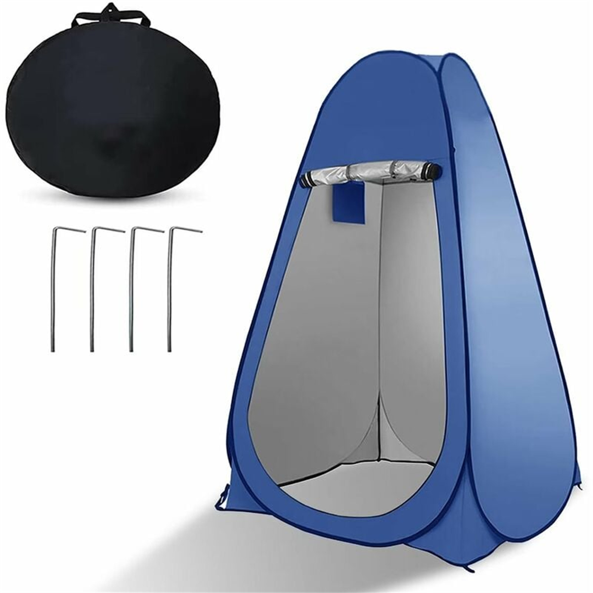 Ein blaues Pop-up-Campingzelt mit Heringen und einer Tragetasche, vor weißem Hintergrund.