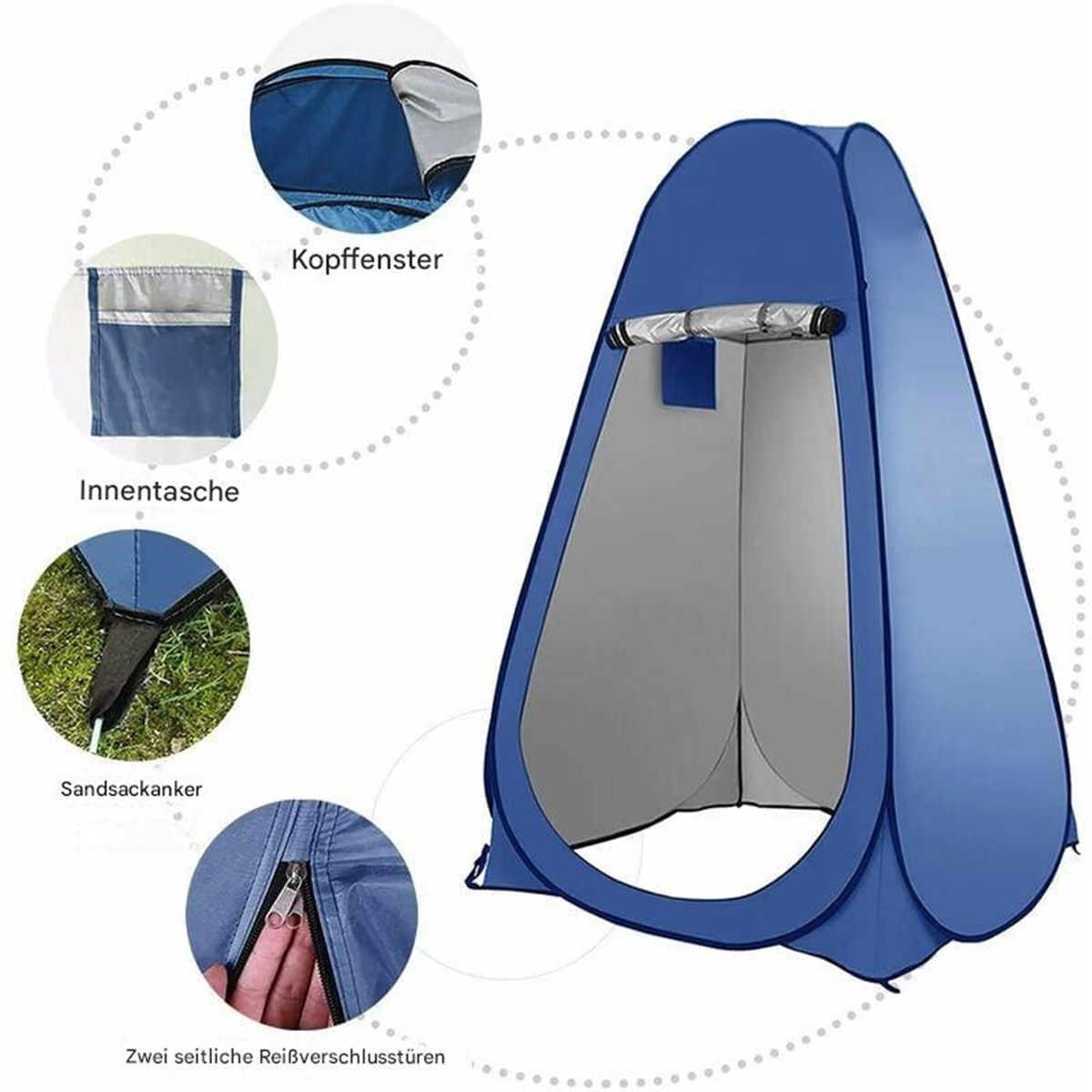 Blaues Pop-up-Zelt mit grauem Innenraum. Mit Tasche, Fenster und Reißverschluss.