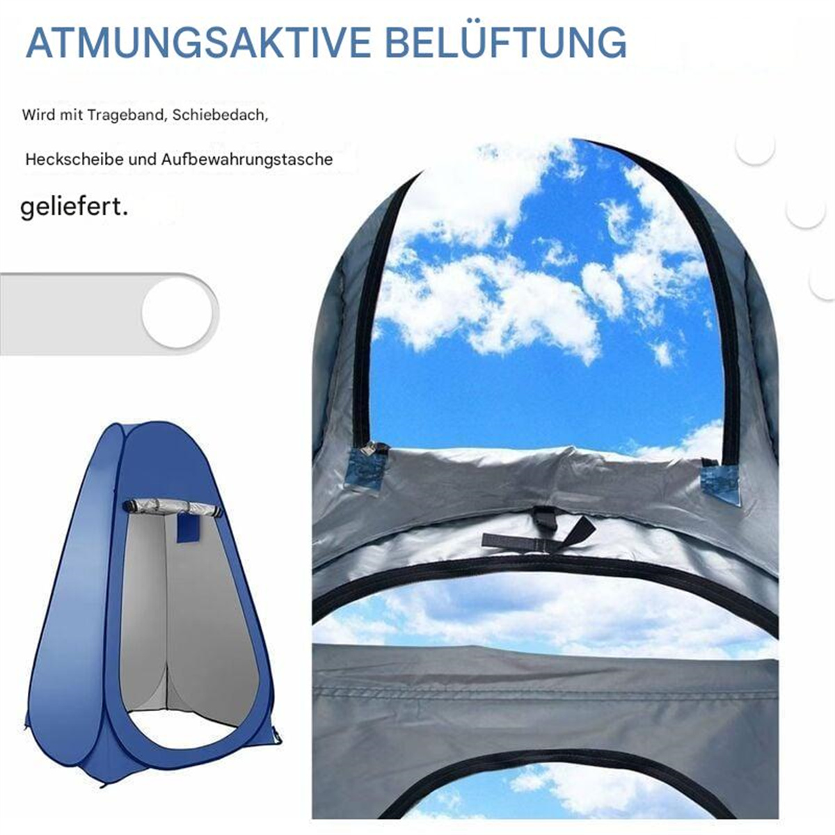 Ein blaues Pop-up-Zelt mit Blick auf den offenen Himmel, der Himmel durch die Zeltspitze zeigend.
