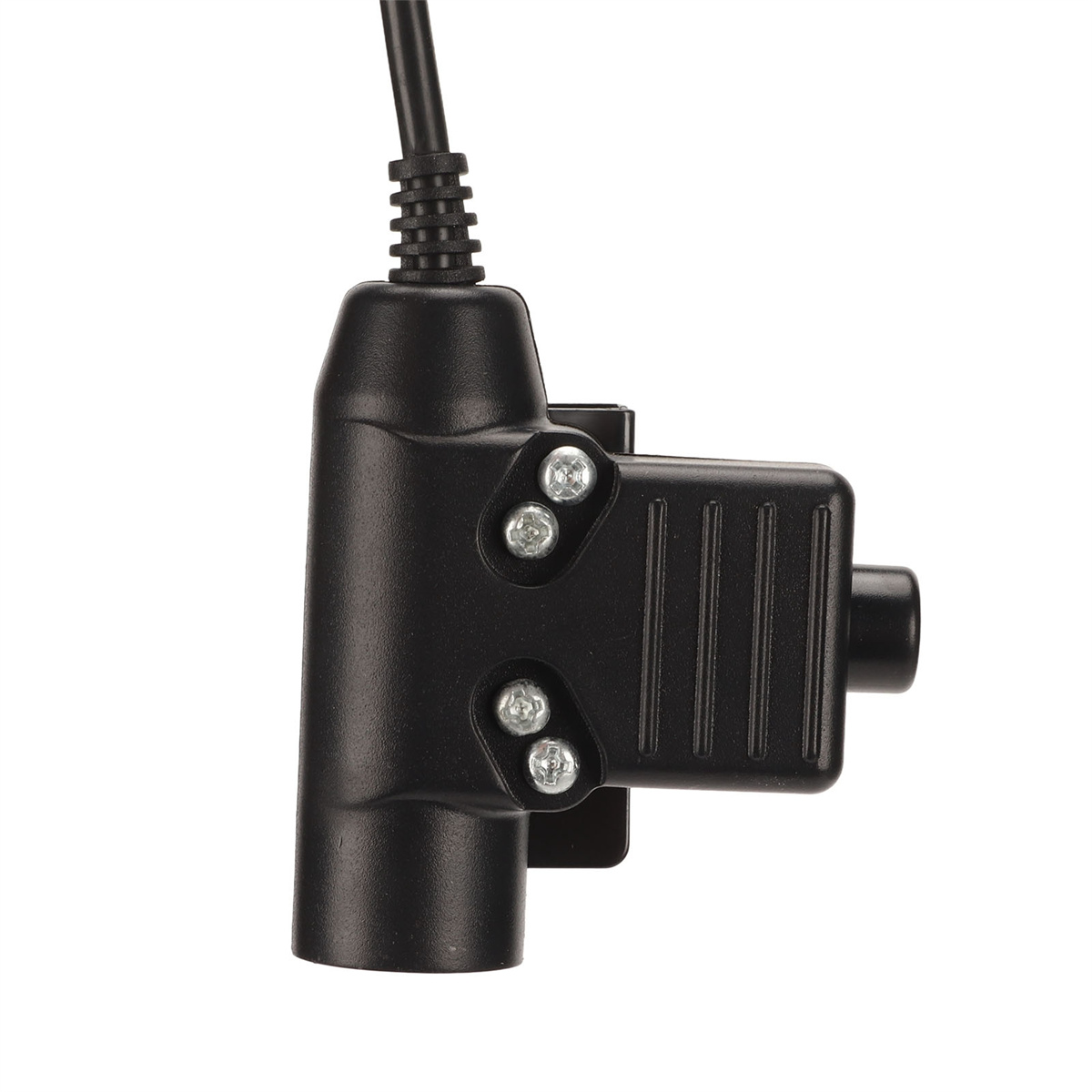 Schwarzer Adapter mit drei Schrauben. Kabel befestigt, abgewinkeltes Design.