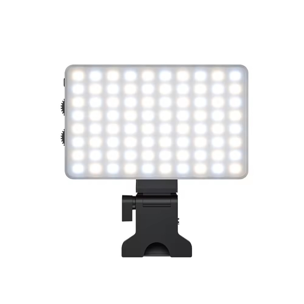 Rechteckiges LED-Lichtpanel auf einem schwarzen Ständer. Weißer Hintergrund.