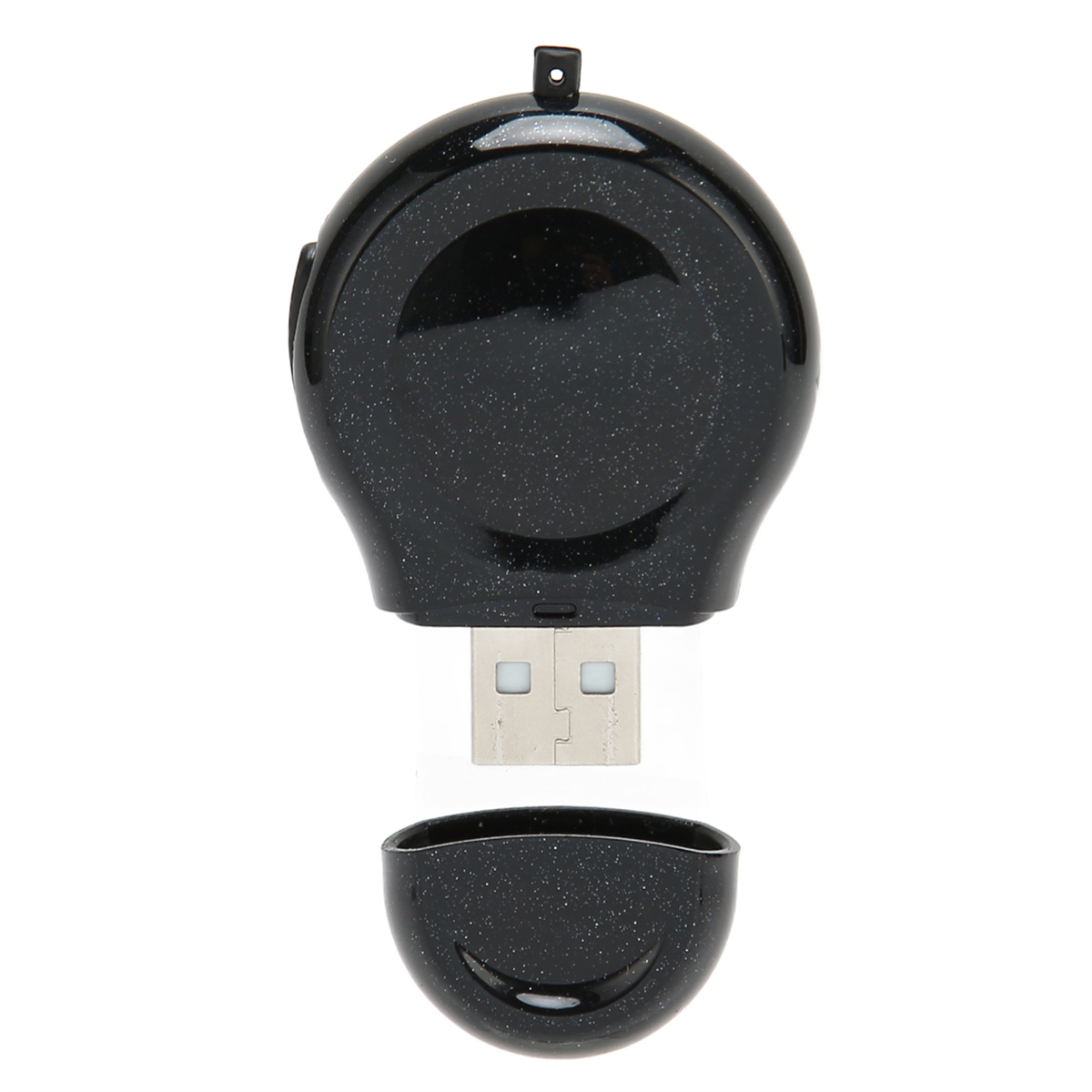 Schwarzer USB-Stick ohne Kappe, zeigt den USB-Anschluss. Weißer Hintergrund.