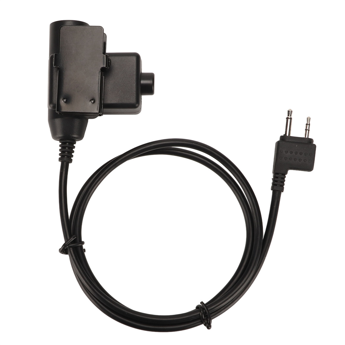 Ein schwarzes Kabel mit einem Stecker und einem kleineren Stecker. Das Kabel ist schwarz und liegt auf einer weißen Oberfläche.