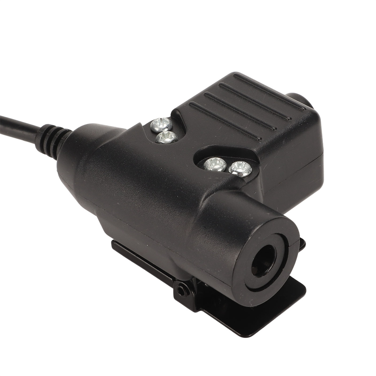 Schwarzer Stecker mit Kabel. Zwei Schrauben und drei weiße Stecker sind sichtbar.