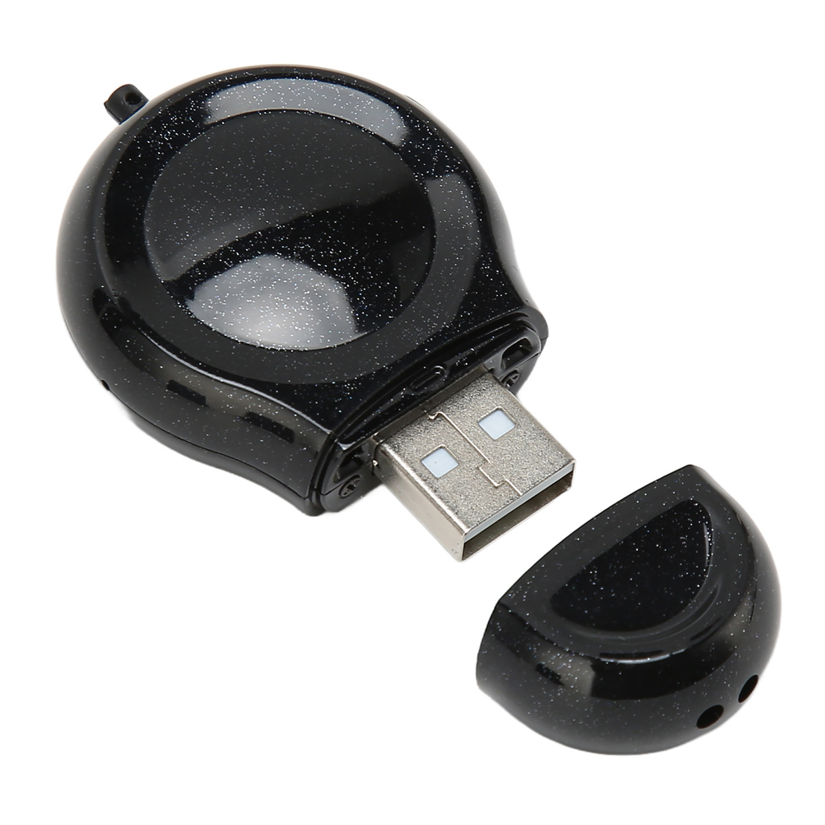 Schwarzer USB-Stick mit einzigartigem Design. Der USB-Anschluss ist neben der abgenommenen Kappe sichtbar.