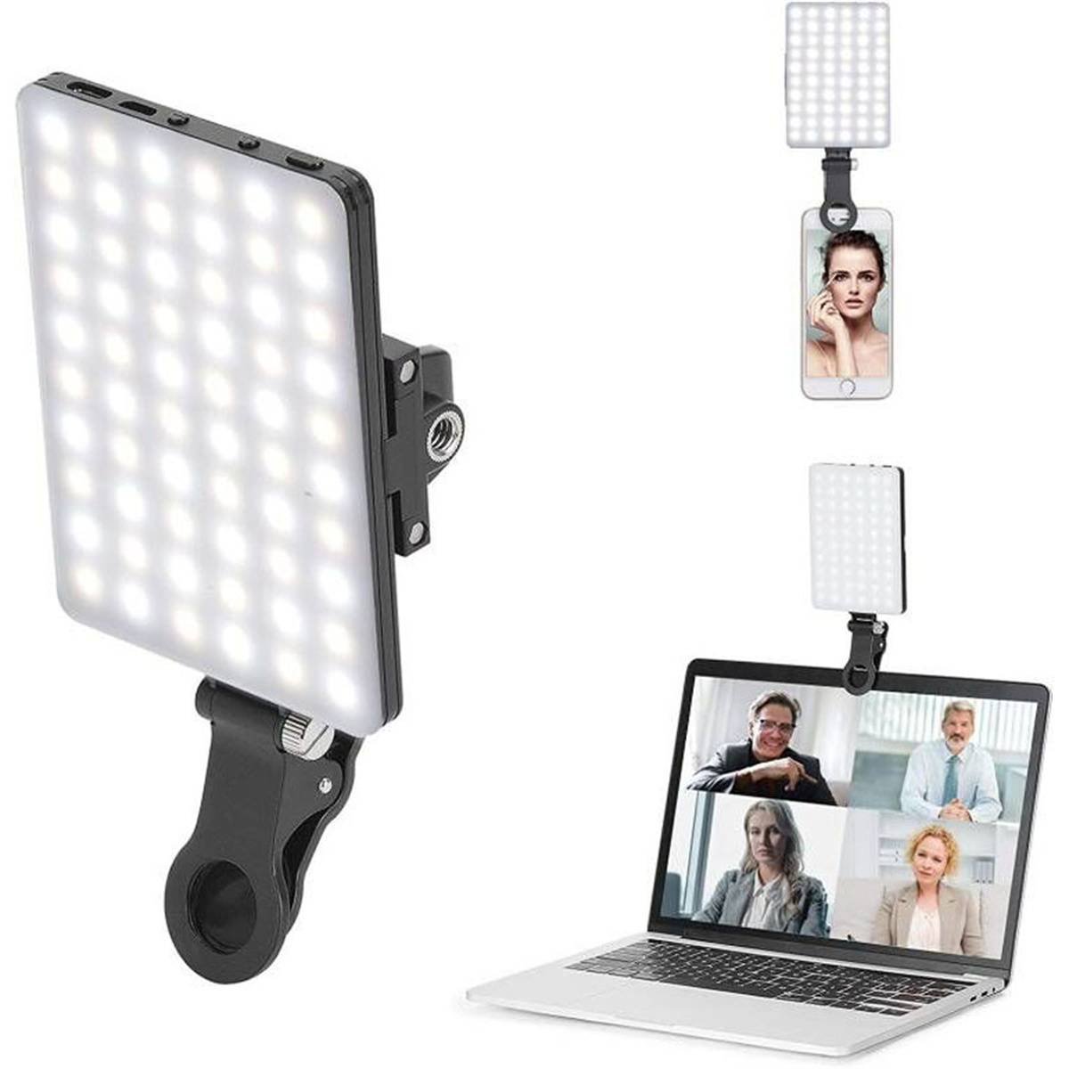 Ein LED-Videolicht und ein Telefon darauf, und ein Laptop mit Videokonferenz.
