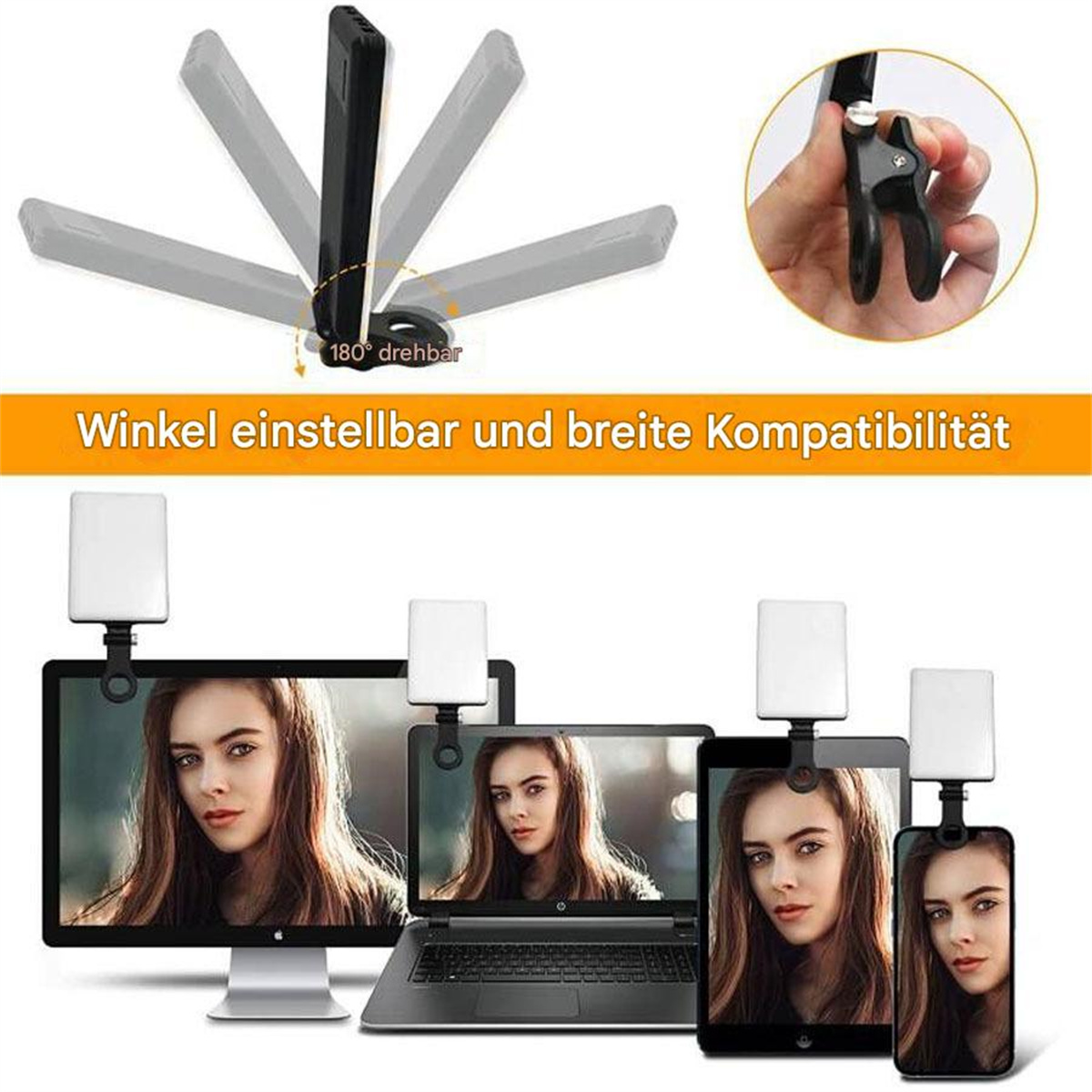 Mehrere Geräte mit einem weißen Lichtaufsatz. Zu den Geräten gehören Laptops, Tablets und Telefone.