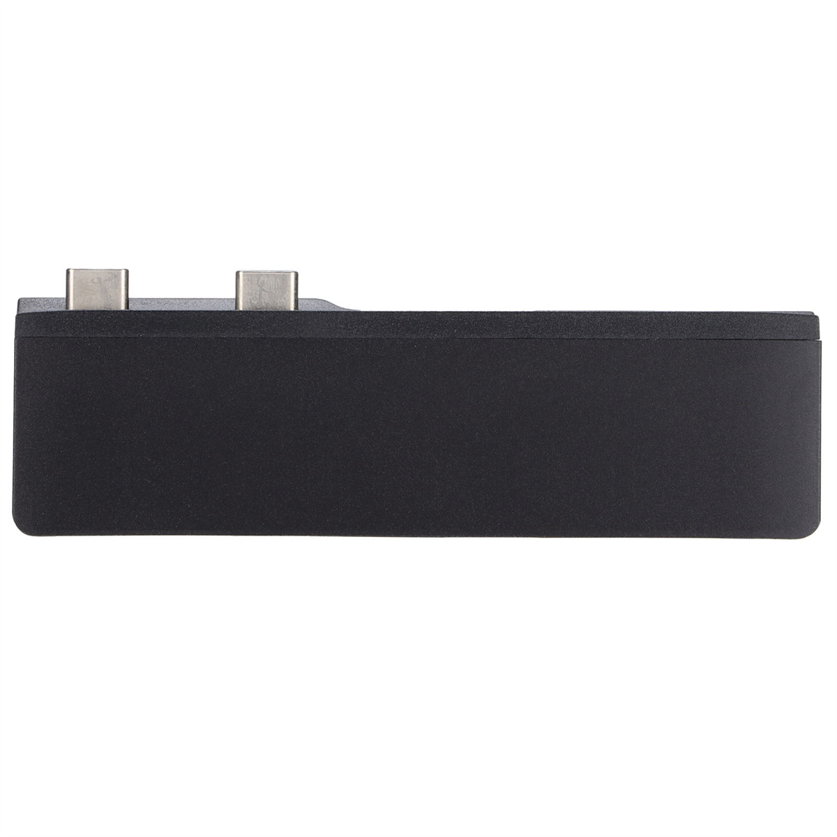 Schwarzes Gerät mit zwei USB-C-Anschlüssen. Rechteckige Form. Draufsicht.