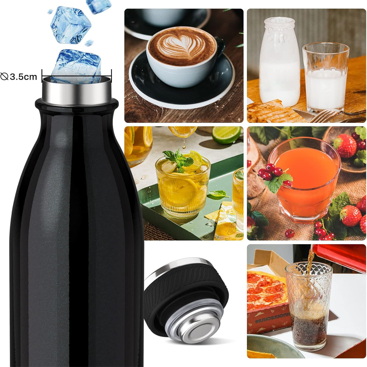 Schwarze Wasserflasche mit Eiswürfeln und anderen Getränken, verschiedene Szenen.