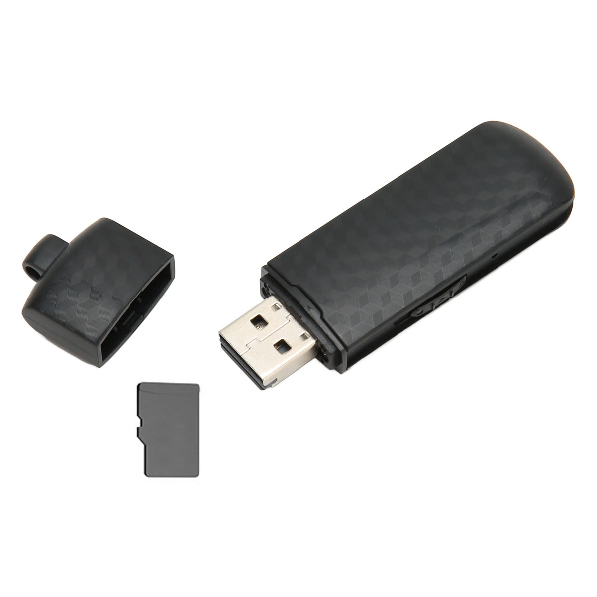 Ein schwarzer USB-Stick mit offenem Deckel und einer Micro-SD-Karte.