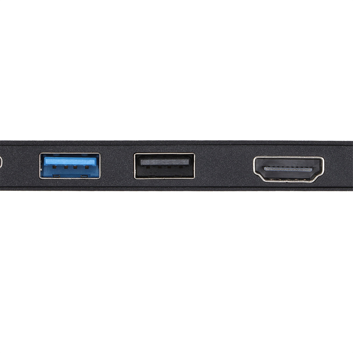 Nahaufnahme eines schwarzen USB-Hubs mit USB-, USB-C- und HDMI-Anschlüssen.