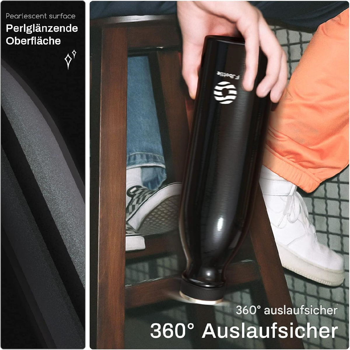 Schwarze Wasserflasche auf einem Holzstuhl, im Hintergrund Beine und Füße, links Text.